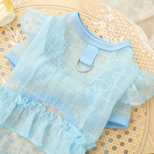 Detail of light blue mesh pet dress with lace ruffles and metal D-ring for leash
