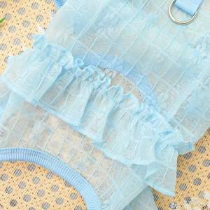Detail of light blue mesh pet clothing showing ruffle layers and a metal D-ring attachment