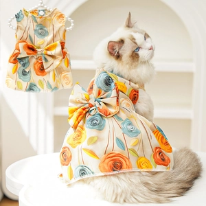 Rose Floral Pet Dress With Bow And Metal D-Ring For Dogs And Cats Summer Breathable Lightweight Princess Style