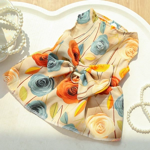 Floral pet dress for cats and dogs with 3D rose pattern and back bow leash D-ring