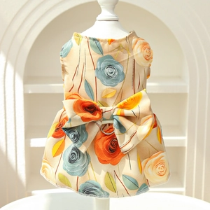 Floral pet dress with 3D rose pattern and large bow with D-ring for small dogs and cats