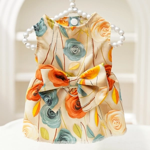 Floral pet dress with 3D rose pattern and leash D-ring for small dogs and cats