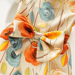 Detail of floral pet harness dress with oversized bow and metal D-ring for leash