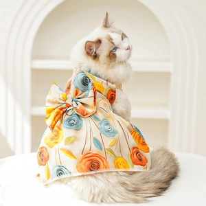 Detail of 3D rose floral pet dress with large bow on a cat in minimalist setting