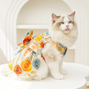 Detailed back view of a 3D floral dog dress with a large bow on a ragdoll cat