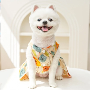 Close-up of lightweight floral pet dress with 3D rose patterns and button details