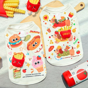 Cute Cartoon Food Print Pet Vest Summer Breathable Mesh Cat Dog Shirt With 3D Plush Fries And Leash D-Ring Attachment