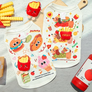 Detail of breathable mesh pet cooling vest with cartoon food prints and metal D-ring leash attachment