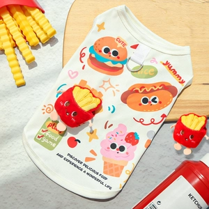 Breathable mesh dog cooling vest with cartoon fast food prints and 3D plush chips decoration