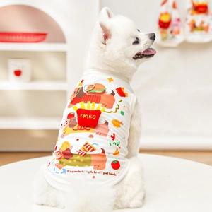 Detail of white mesh pet vest featuring a cartoon fries patch and integrated D-ring leash attachment