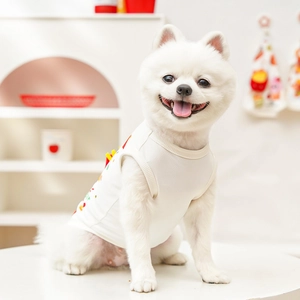 Detail showing breathable mesh fabric and cartoon food prints on white pet vest