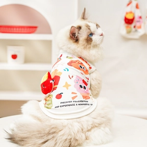 Detail of breathable mesh fabric on pet summer tee with cute cartoon food prints