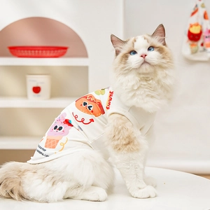 Detail of white mesh pet vest with cartoon food prints on a cat model