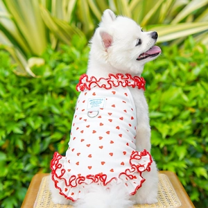 Détail d'une robe d'été à fleurs pour chien avec harnais anneau en D et ourlet à volants