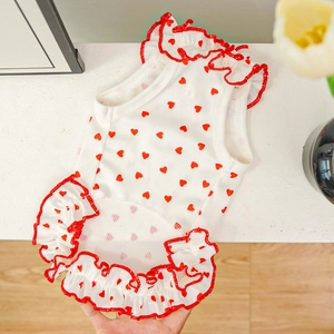 Détail d'une robe d'été pour chien à motif cœurs avec bords à volants et tissu aéré