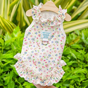 Robe Été Animaux Chat Chien Fleurie Princesse Jupe Respirante Texture Côtelée Avec Anneau D Métal Pour Laisse Coeur