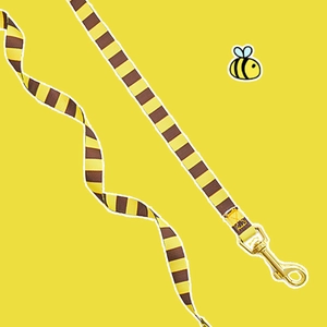 Detailed view of striped nylon pet leash with a durable gold rotating metal hook