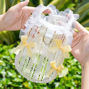 White lace pet harness vest with yellow bows and metal D-ring for small dogs and cats