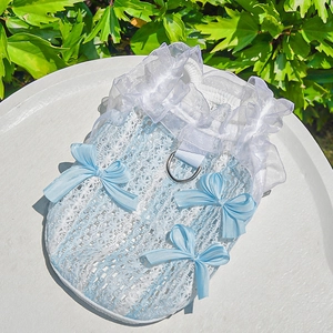 Detail of light blue lace pet dress with organza ruffles and metal D-ring for leash