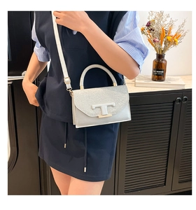 Detail shot of chic crossbody bag with silver T-buckle and adjustable shoulder strap