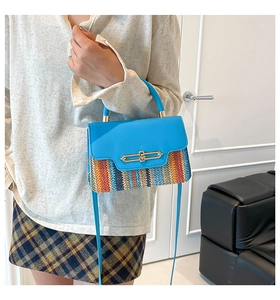 Detail of blue and rainbow striped woven crossbody bag with modern gold metal clasp