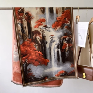 Jacquard landscape scarf featuring red maple mountains and waterfall with fringe