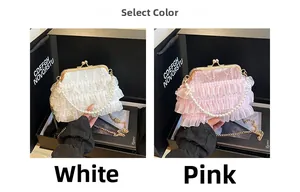 Lace ruffle handbags in white and pink with pearl handles and vintage metal chain straps