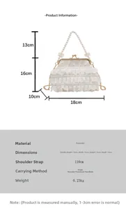 Detailed size specifications for white lace shell bag with pearl handle and chain strap
