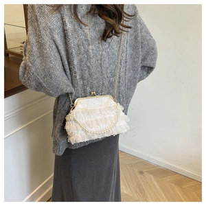 Detailed view of ivory lace pleated evening bag with pearl handle and golden clasp