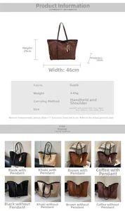 Detailed size specifications and material chart for the large suede tote bag