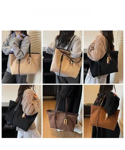 Detail shots of minimalist suede tote bags in beige, black, and brown with tassel charms