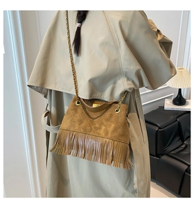 Détail d'un sac en daim matelassé marron avec chaîne dorée et longues franges sur un manteau