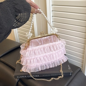 Women's Lace Ruffle Evening Bag Artificial Pearl Handle Crossbody Handbag Vintage Kiss Lock Shell Purse Wedding Party Bridal Bag