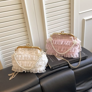 Elegant lace pleated shell bag with pearl handle and chain strap in white and pink