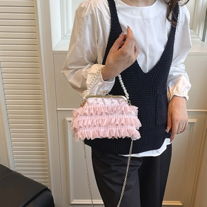 Elegant pink tiered lace evening shell bag with pearl handle and golden chain strap