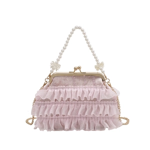 Pink lace evening bag with pearl handle and golden chain strap for women