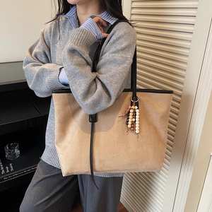Minimalist khaki suede tote bag with large capacity and beaded tassel for women