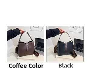 Detailed comparison of coffee and black leather bucket bags with striped shoulder straps