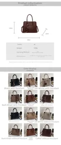 Detailed size chart and multi-color product specifications for large capacity bucket bag