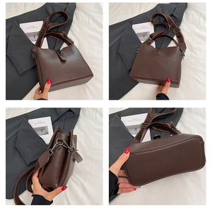Detailed four-way view of textured brown leather bucket bag showing hardware and strap