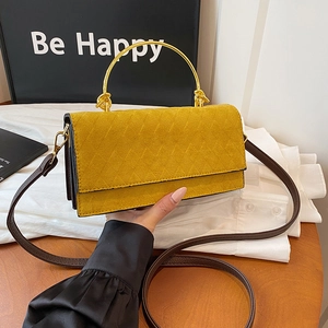 Women Quilted Lattice Crossbody Bag With Gold Metal Handle Suede Texture PU Fashion Commute Small Square Handbag