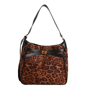 Vintage leopard print faux suede bucket bag with black leather trim and gold twist lock