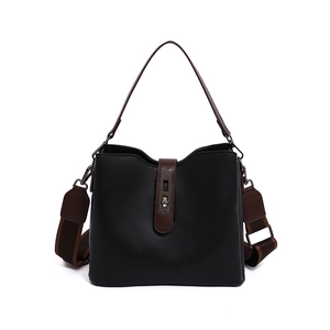 Classic black litchi grain leather bucket bag with brown handles and bronze hardware
