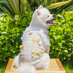 Detail of pet summer vest with yellow stripes, white lace trim and metal D-ring for leash