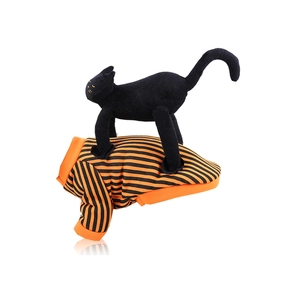 Detail of Halloween pet striped shirt with a 3D plush black cat toy decoration