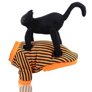 Funny Halloween pet outfit with orange stripes and 3D black cat plush for small dogs