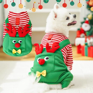 Christmas reindeer pet pajamas with green suspenders and striped knit shirt for small dogs