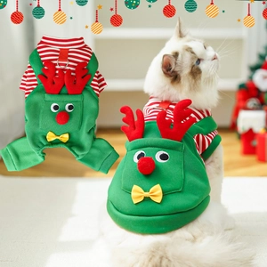 Christmas reindeer pet hoodie with red and green knit fabric for small dogs and cats
