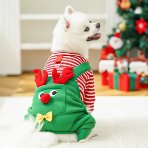 Christmas reindeer pet costume with red stripes and green overalls on a small white dog