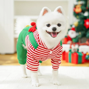 Close-up of dog Christmas outfit with red stripes and green reindeer holiday design